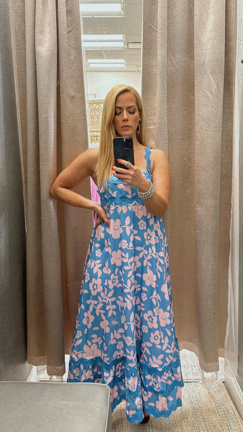 Strap floral blue-pink maxi dress