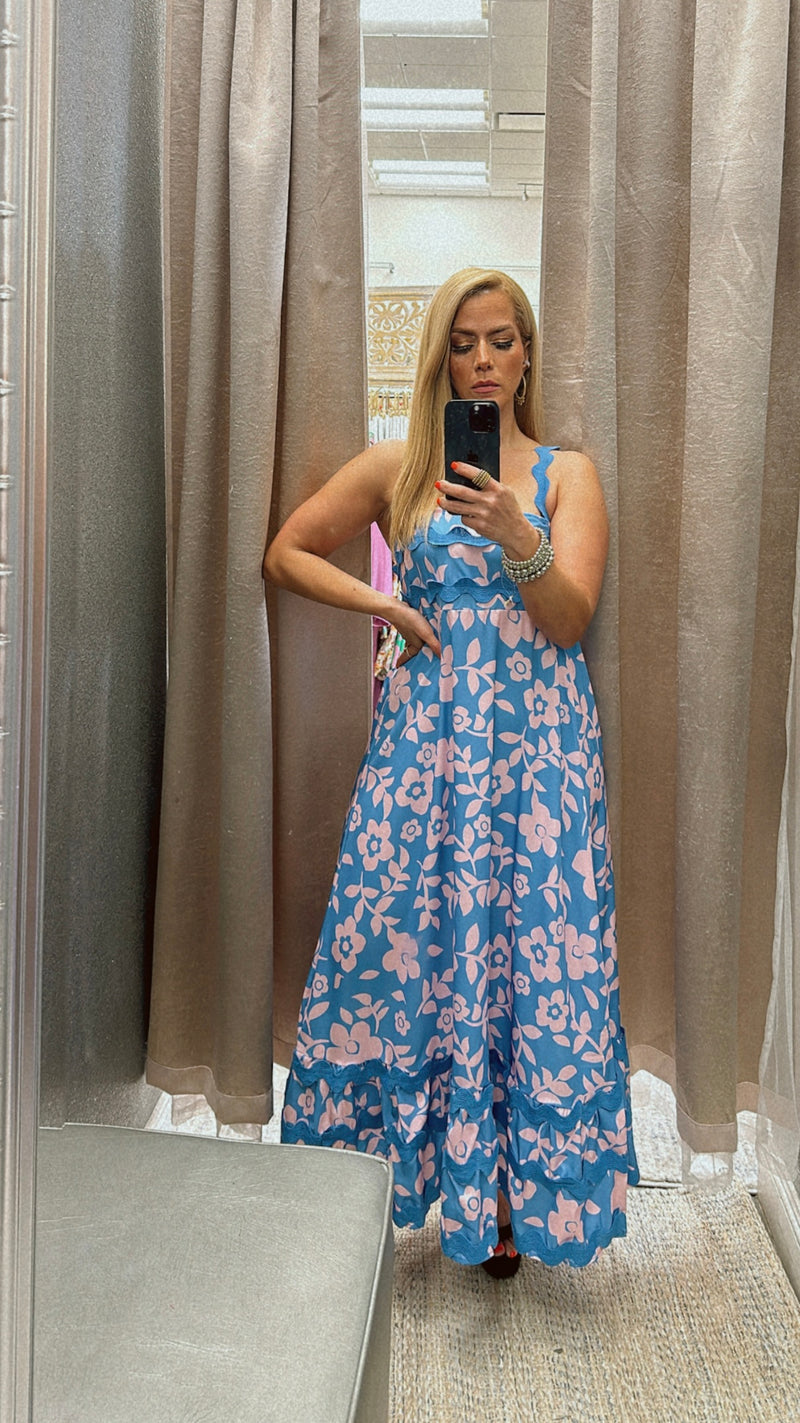 Strap floral blue-pink maxi dress