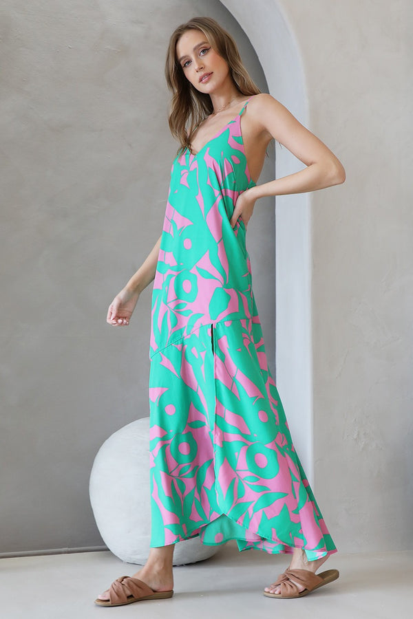 Strap green/pink maxi dress