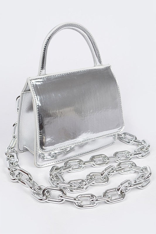High cross faux leather silver handle bag
