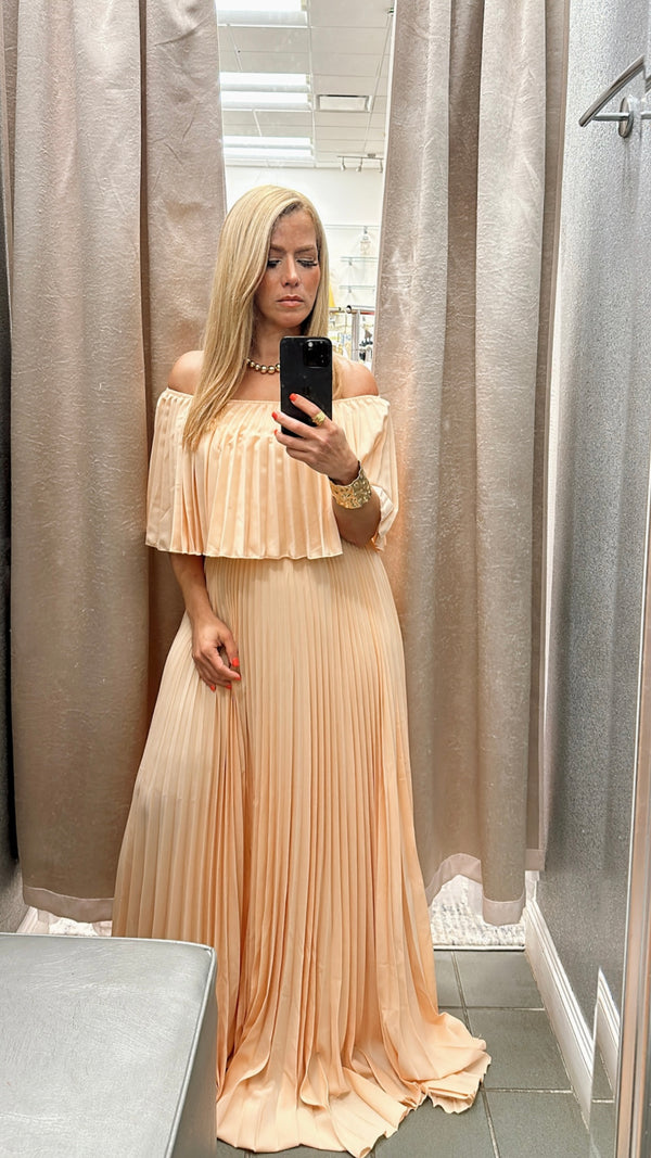 Off shoulder pleated nude bell