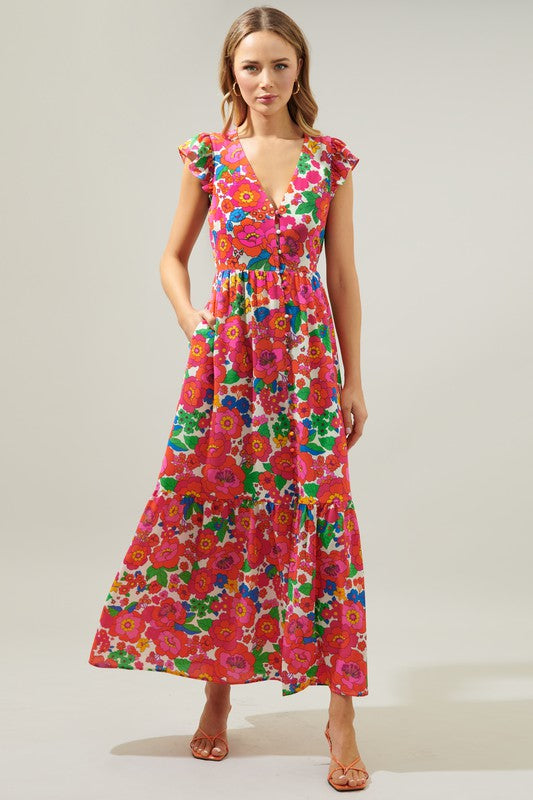 Tropical pink red floral maxi dress