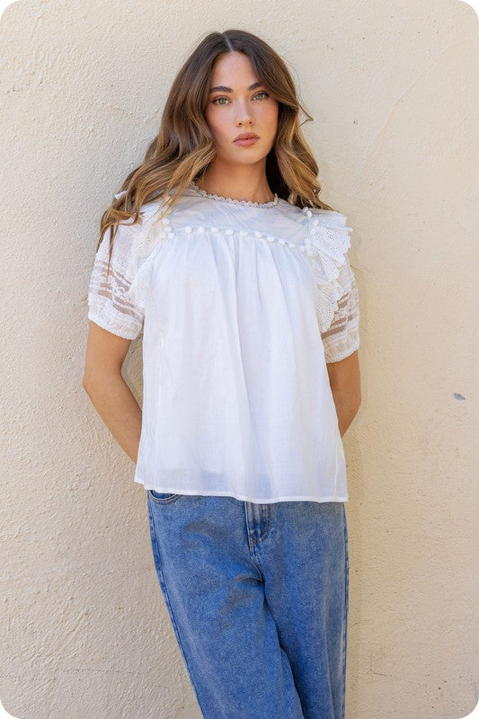Embroidered lace off white top