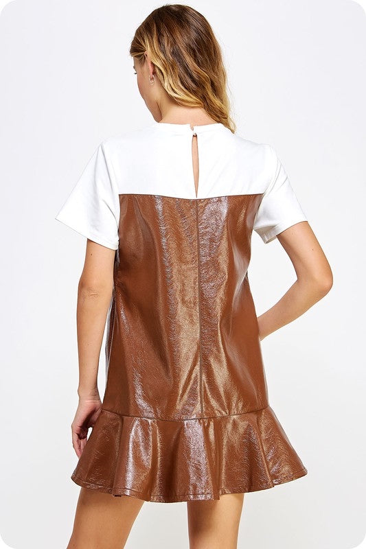 Leather tee brown & white dress