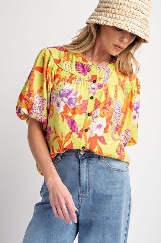 Floral yellow-coral button down top