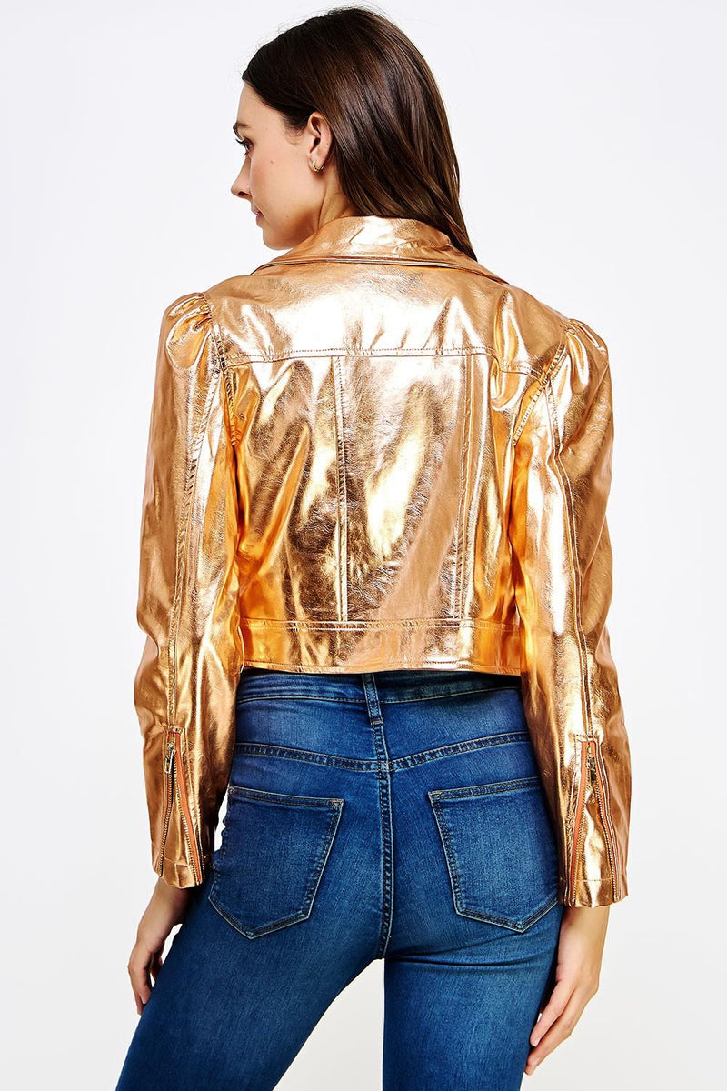 Cropped metallic copper leather jacket