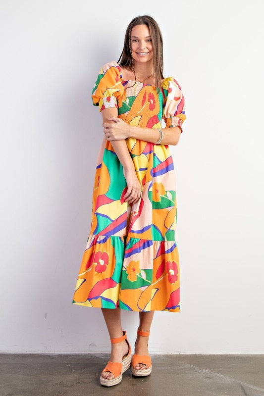 Geo beige-mango print dress