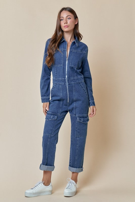 Washed front zipped collared jumpsuit