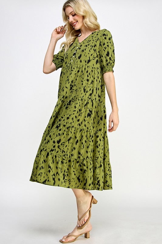 V-neck olive print dress