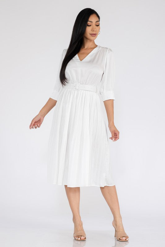 V neck pleated white dress