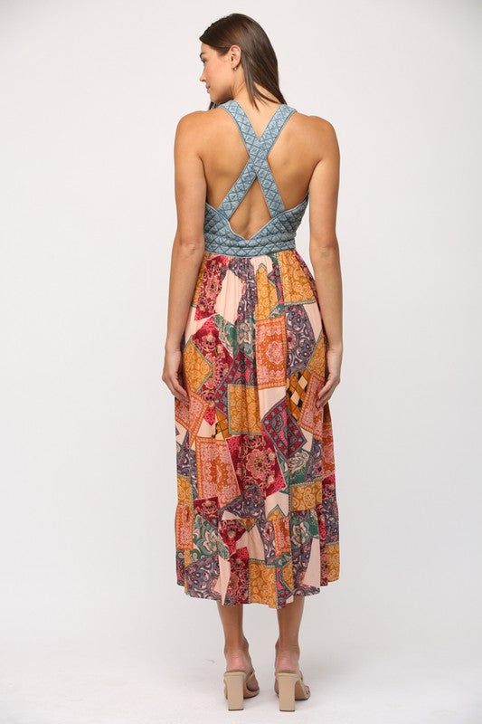 Washed denim quilted skirt maxi dress