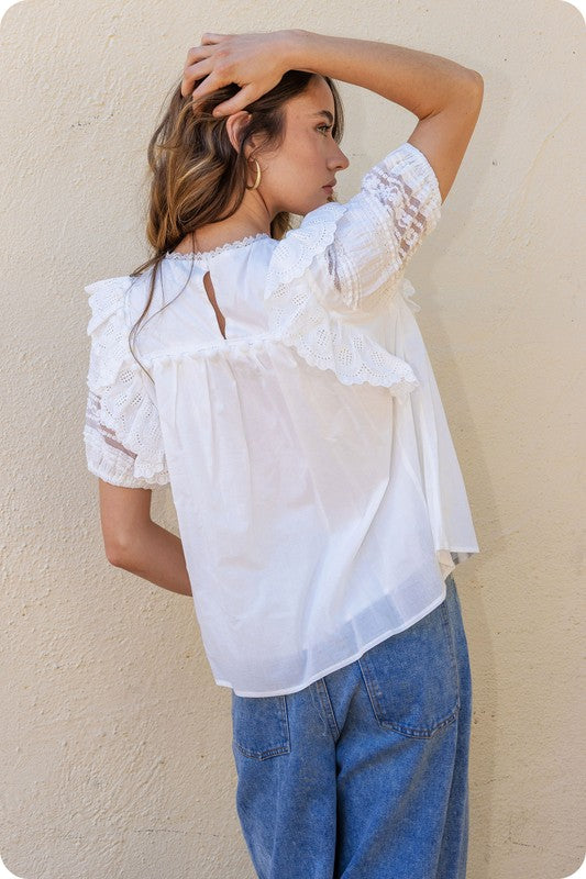 Embroidered lace off white top