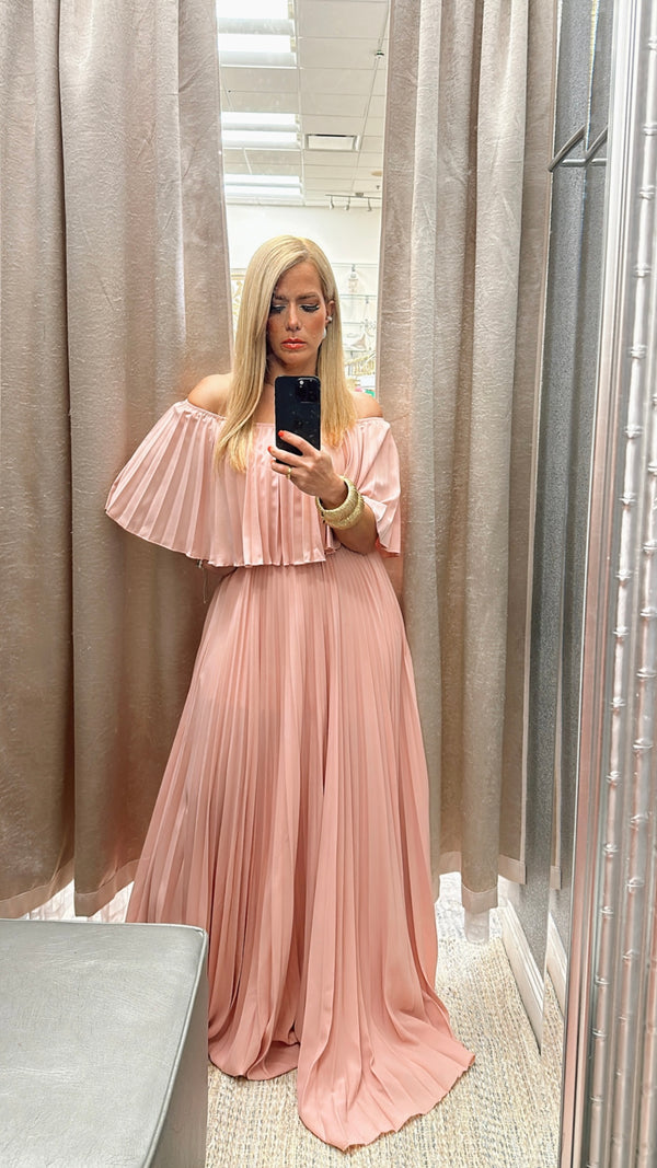 Off shoulder pleated pink bell