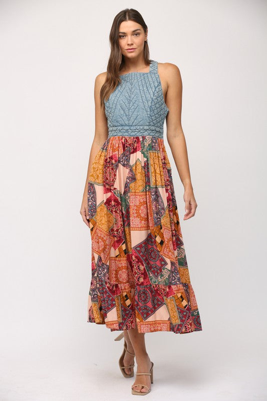 Washed denim quilted skirt maxi dress