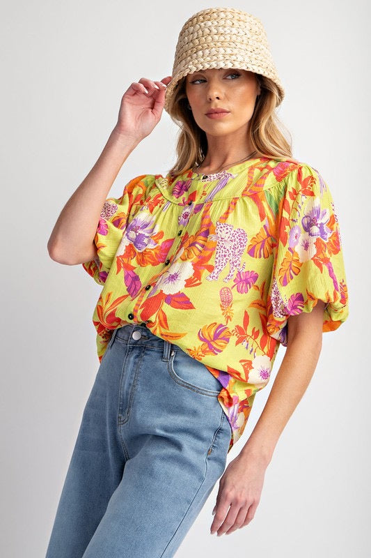 Floral yellow-coral button down top