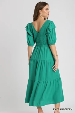 Linen V-neck Esmerald Smocked Dress