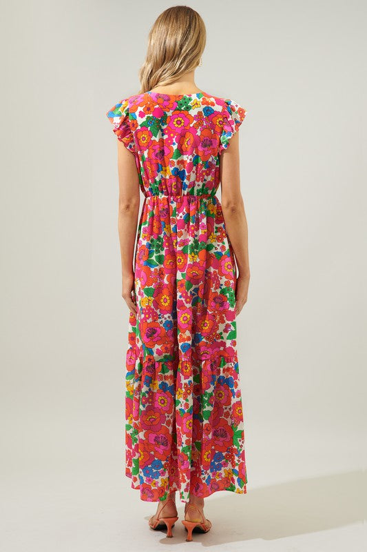 Tropical pink red floral maxi dress