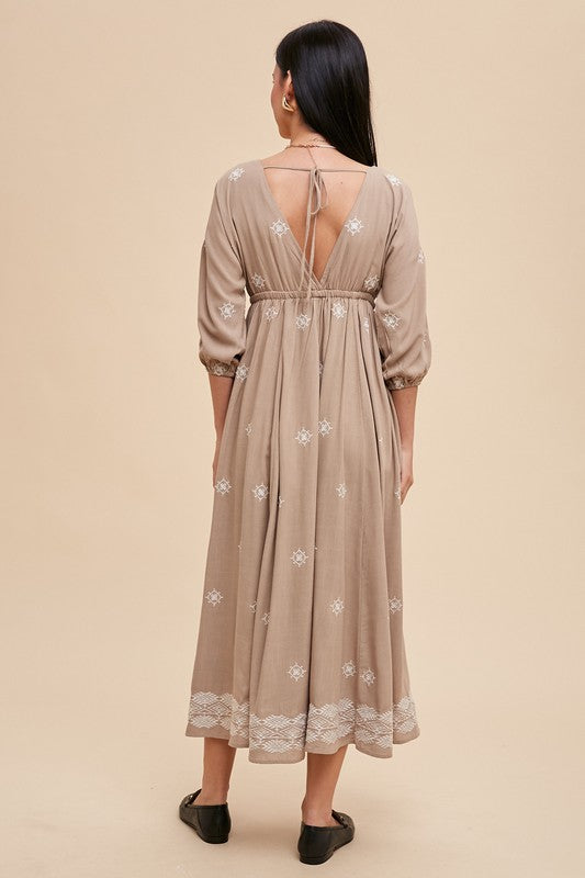 V-neck all over embroidered linen beige dress