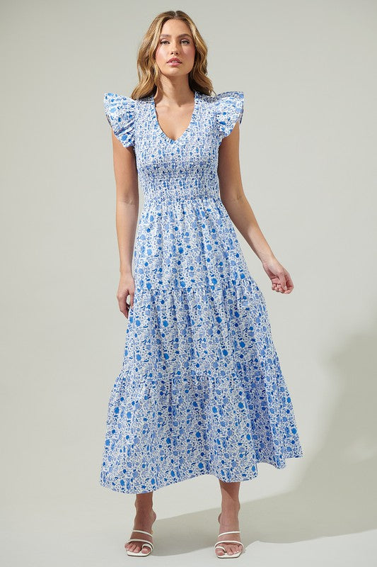 Smoked floral white blue dress