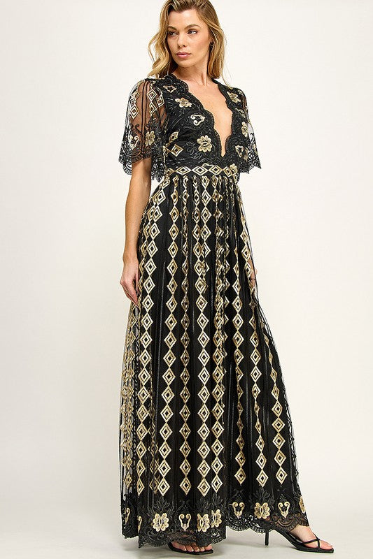 Gold embroidered tulle black dress