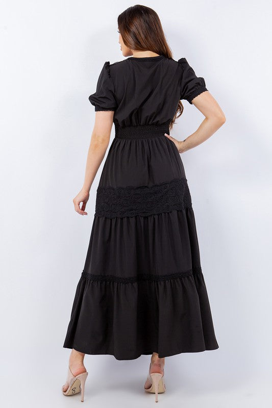 Bubble sleeve black crochet dress