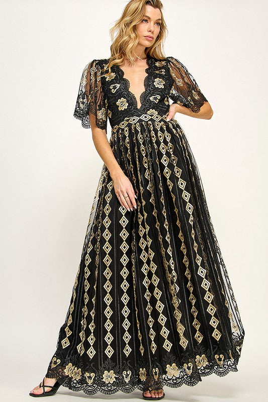 Gold embroidered tulle black dress