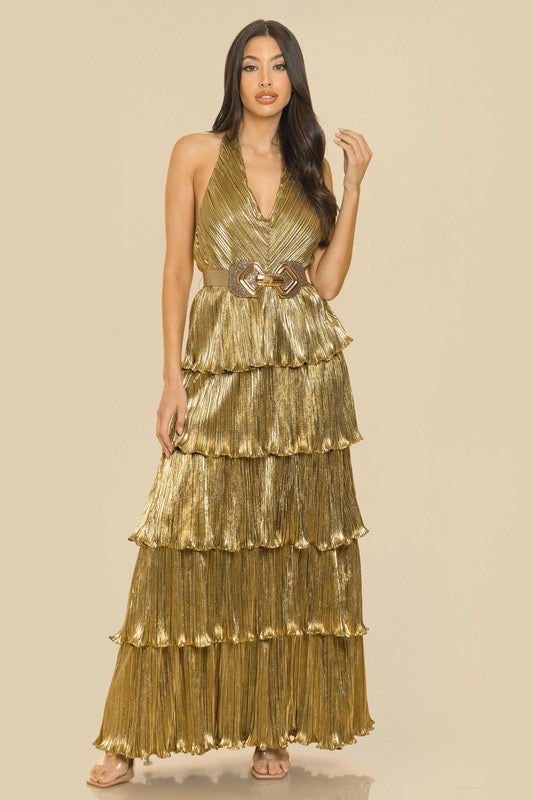 Lurex halter pleated gold dress