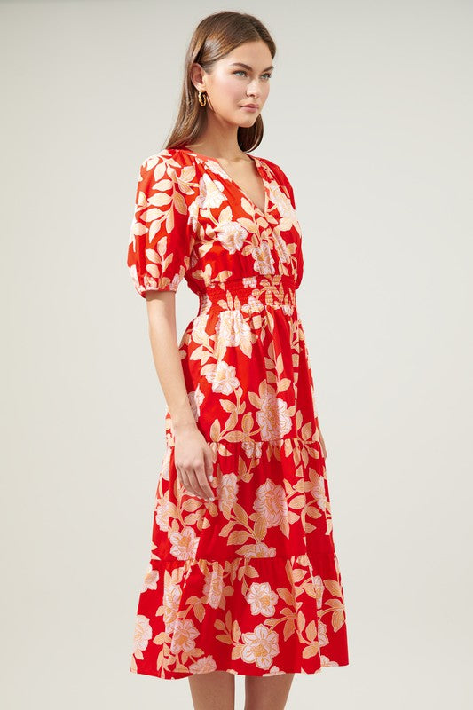 V neck floral ivory red midi dress