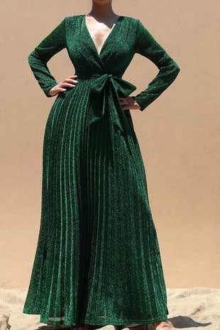 V-neck luxe green pleated metallic maxi dress
