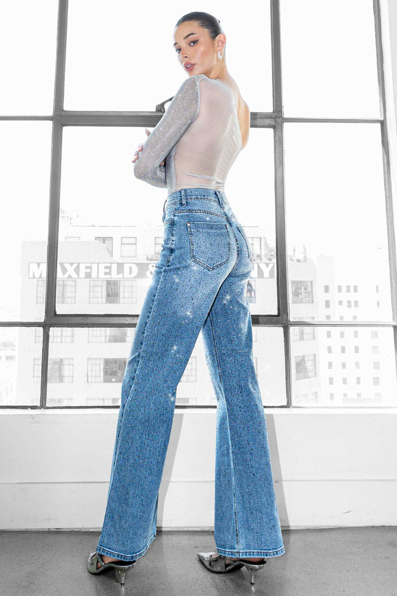 Rhinestone- studded wide leg jeans