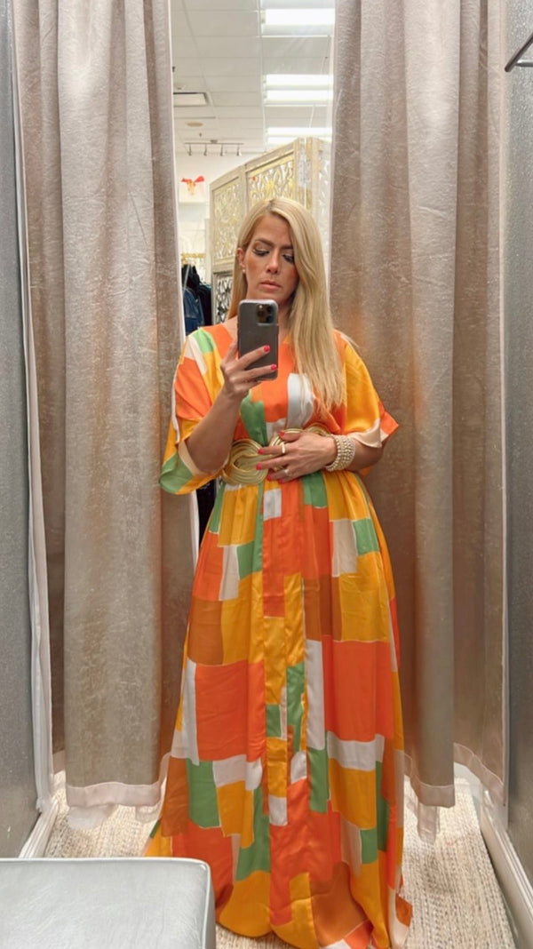 V neck kimono camel orange maxi dress