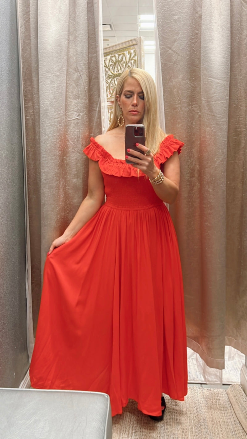 Shoulder orange-red linen dress