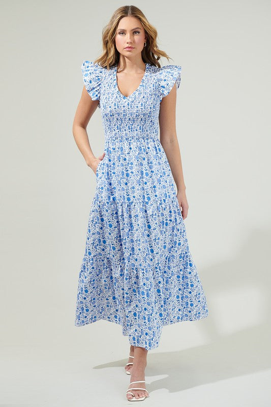 Smoked floral white blue dress