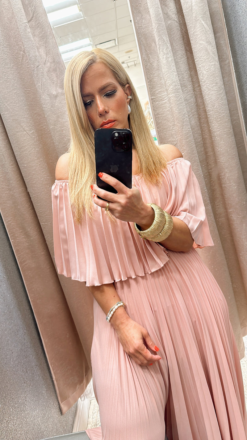 Off shoulder pleated pink bell