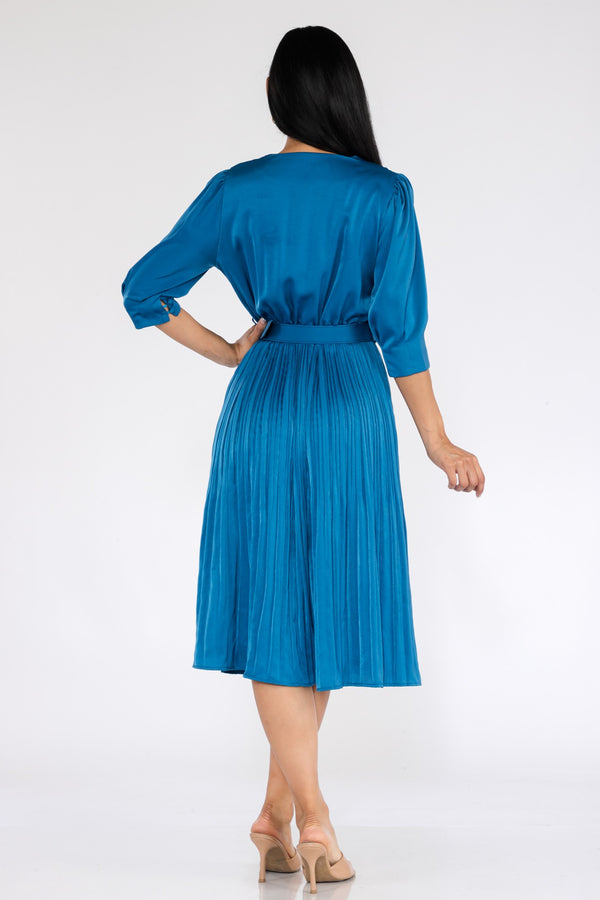 V neck pleated blue midi dress