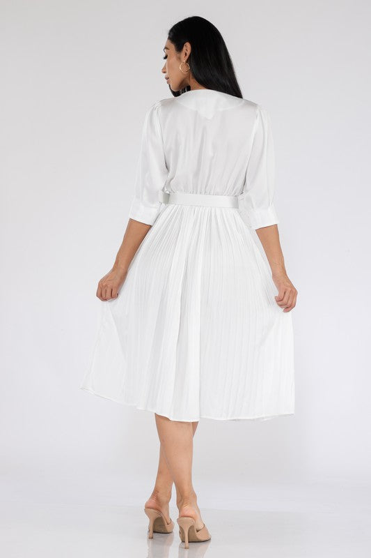 V neck pleated white dress