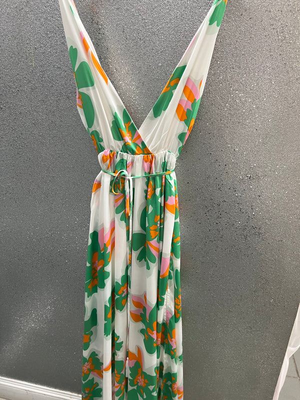 V-neck mint-ivory floral maxi dress