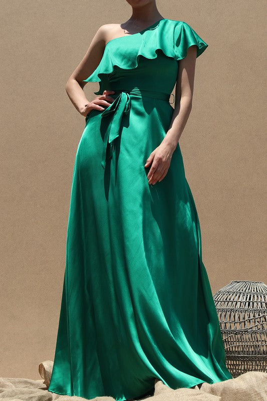 One shoulder satin green maxi dress