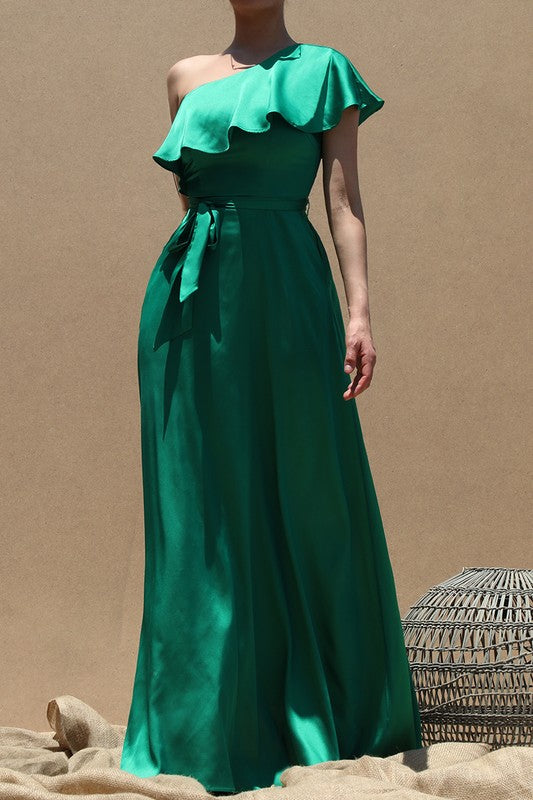 One shoulder satin green maxi dress