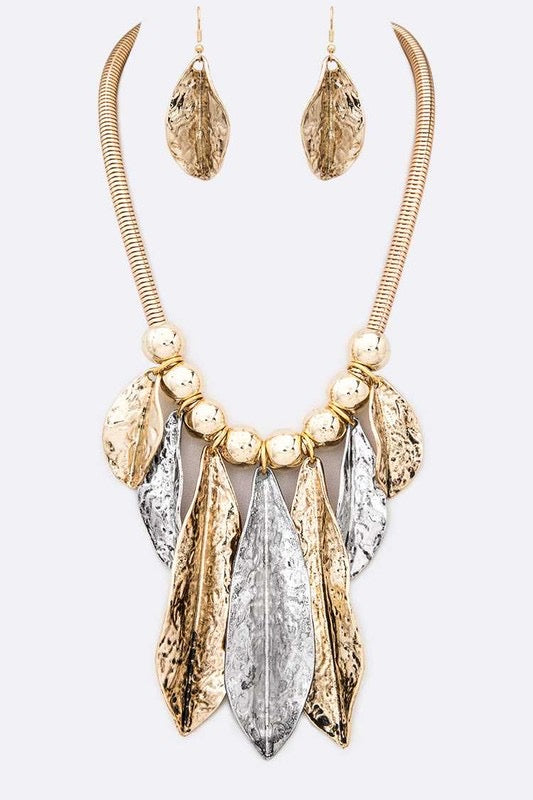Leaf metal gold/silver necklace set