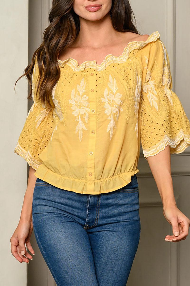 Embroidered mustard top