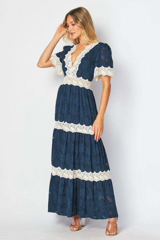 Victorian v neck navy crochet maxi dress