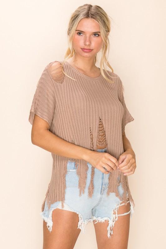 Distressed sweater brown top