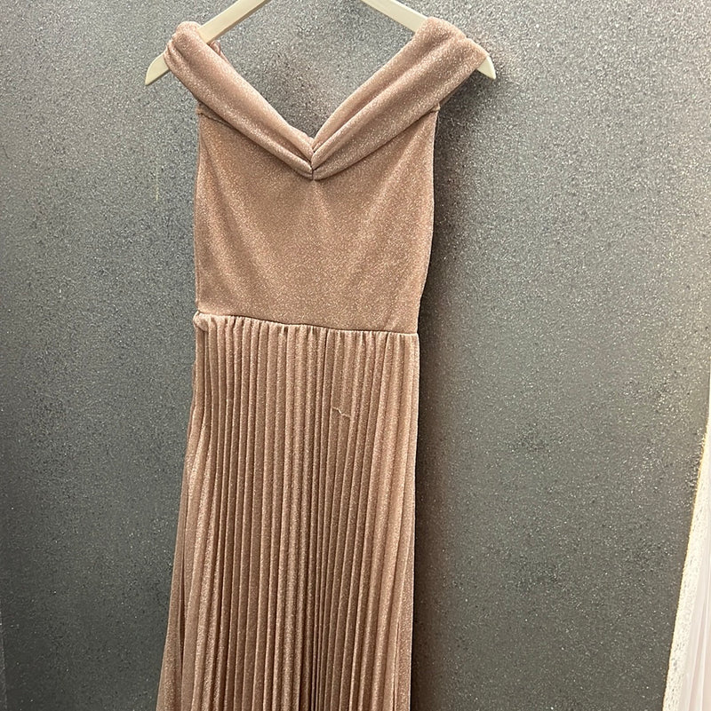 Off shoulder luxe champagne maxi dress