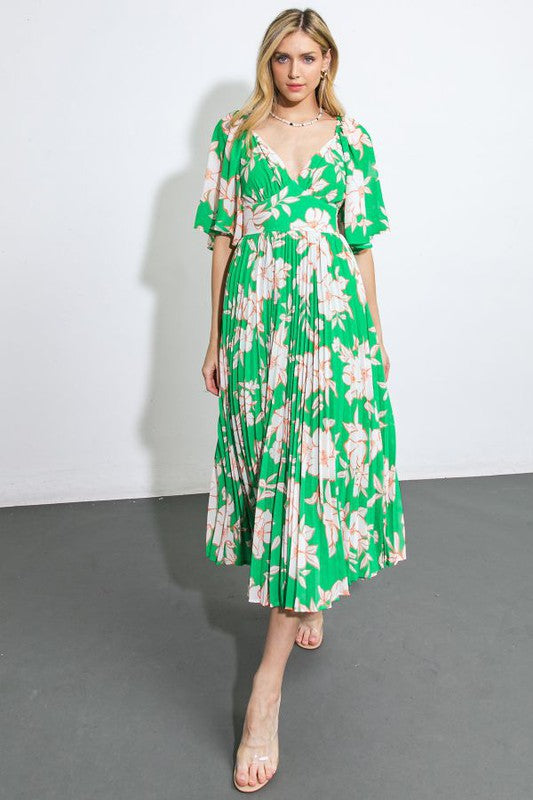 V neck floral green midi dress