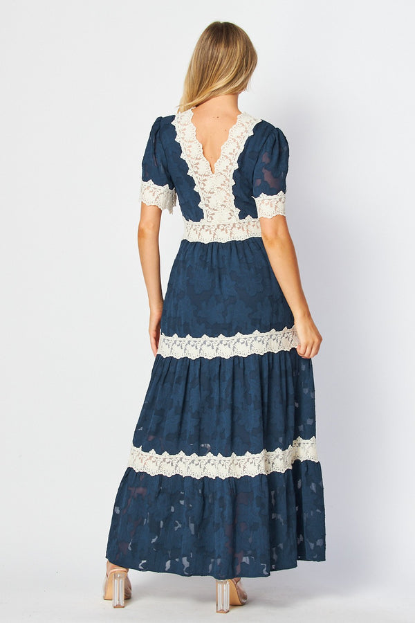 Victorian v neck navy crochet maxi dress