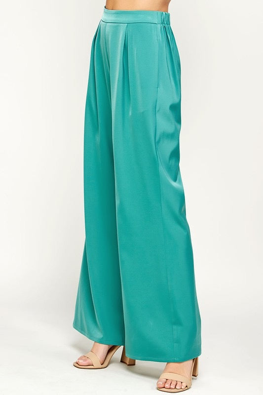 Wide leg pleated satin mineral blue pant