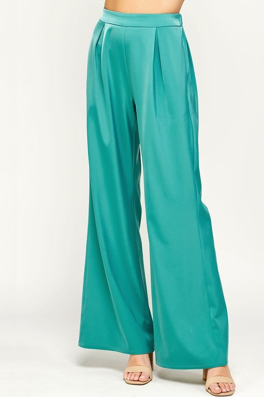 Wide leg pleated satin mineral blue pant